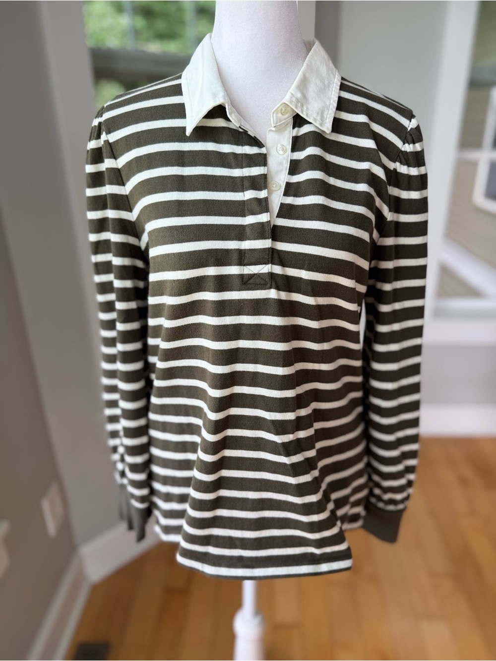 Talbots Olive Green White Striped Cotton Rugby Polo Shirt Top Sz Medium Petite